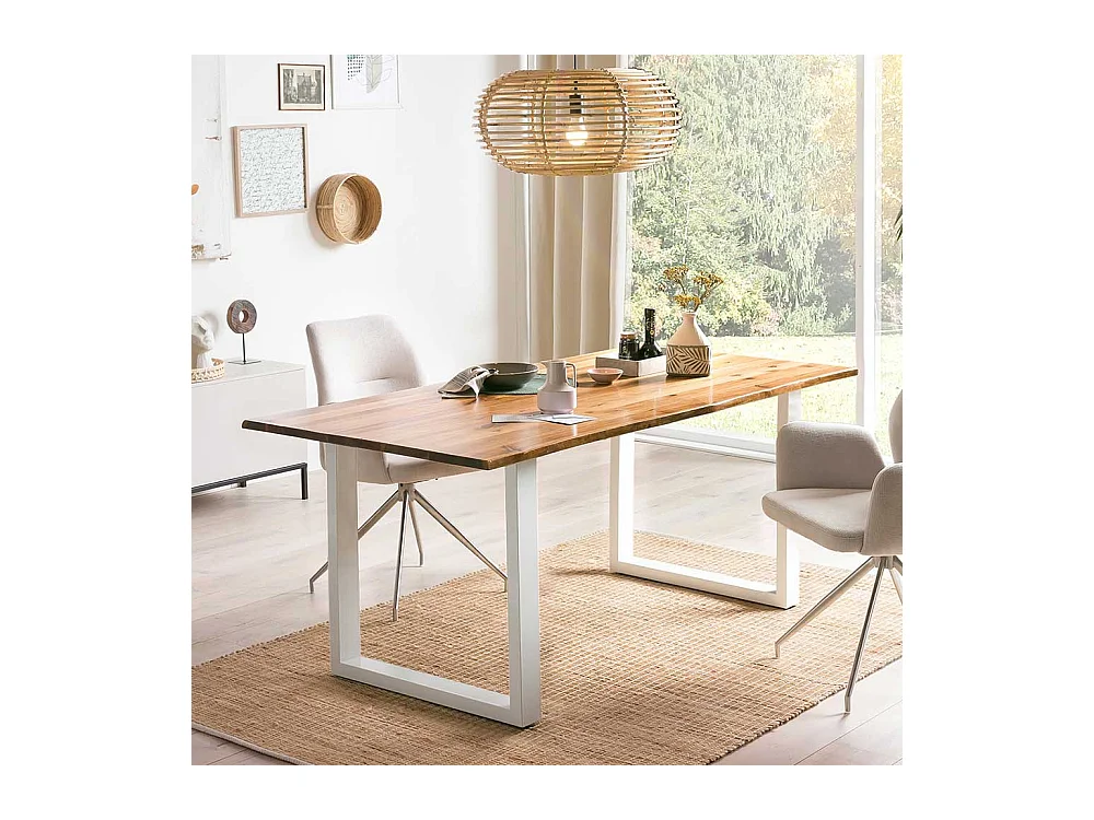 Baumkante Tisch Akazie mit weißem Bügelgestell Metall