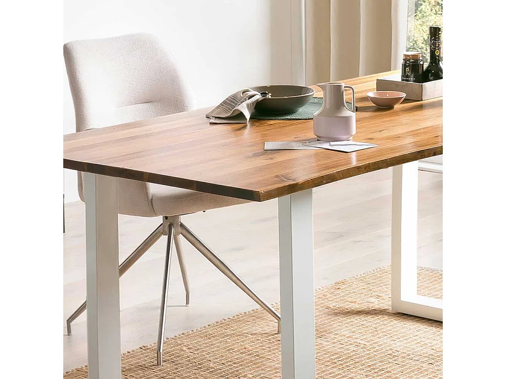 Baumkante Tisch Akazie mit weißem Bügelgestell Metall