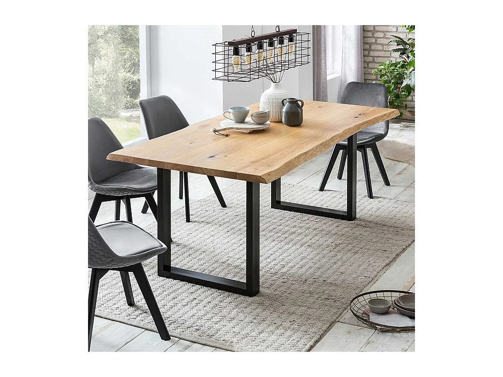 Baumkanten Küchentisch aus Eiche Massivholz Bügelgestell aus Metall