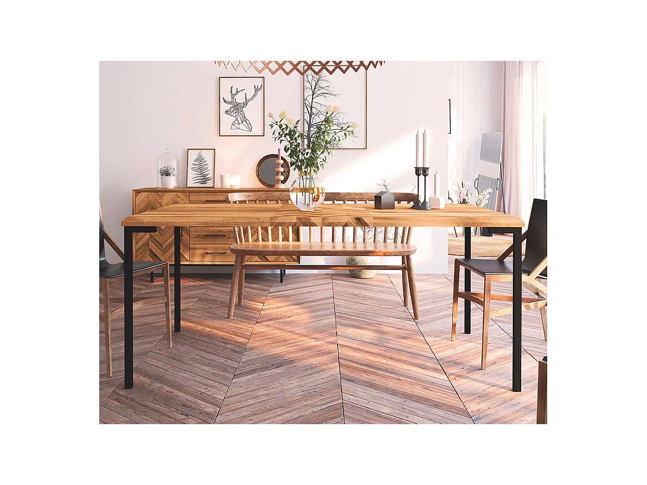 Hochwertiger Esstisch aus Wildeiche Massivholz und Stahl Skandi Design