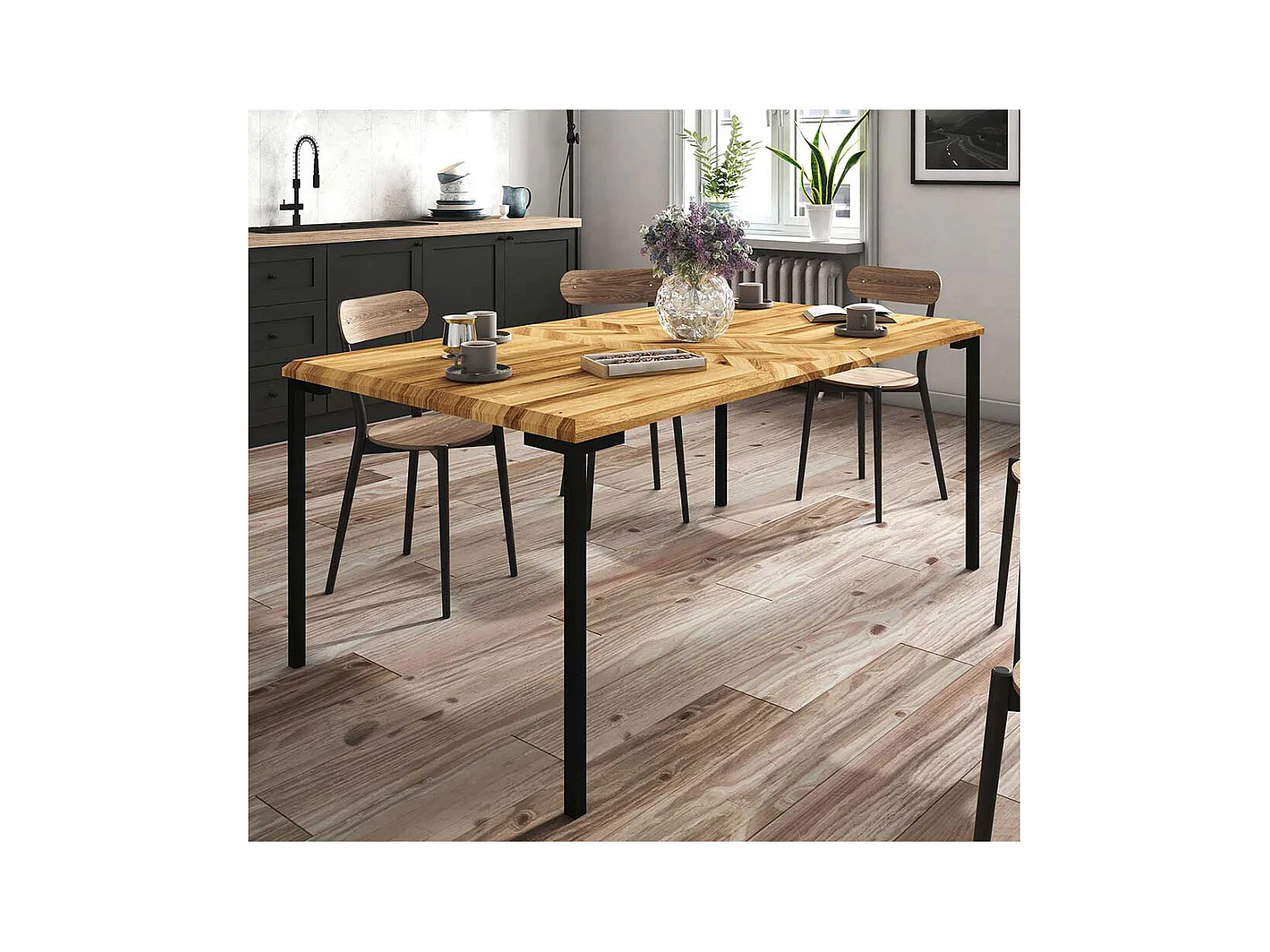 Hochwertiger Esstisch aus Wildeiche Massivholz und Stahl Skandi Design