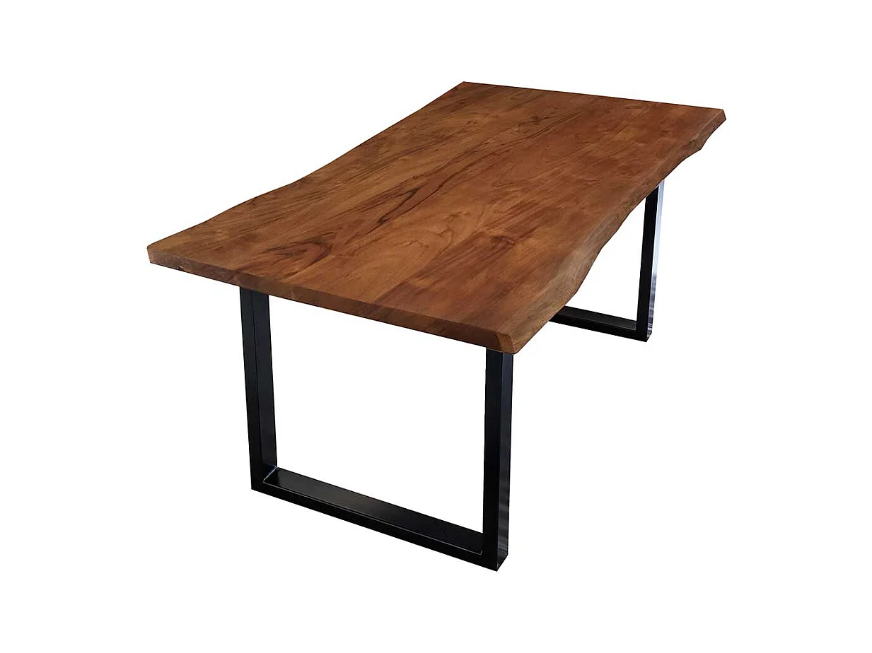 Baumkantentisch in Nussbaumfarben lackiert und gewachst Akazie Massivholz und Stahl