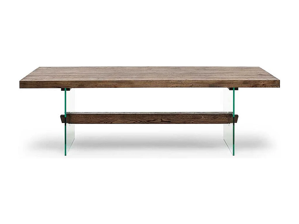 Designesstisch aus Asteiche Massivholz Glas Wangengestell