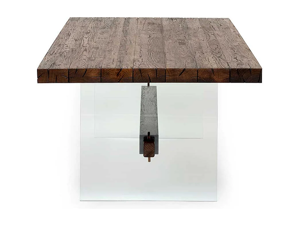 Designesstisch aus Asteiche Massivholz Glas Wangengestell