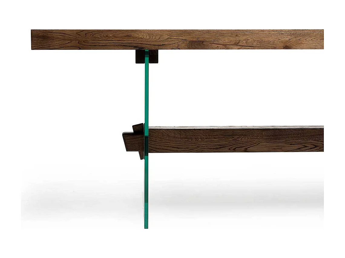 Designesstisch aus Asteiche Massivholz Glas Wangengestell