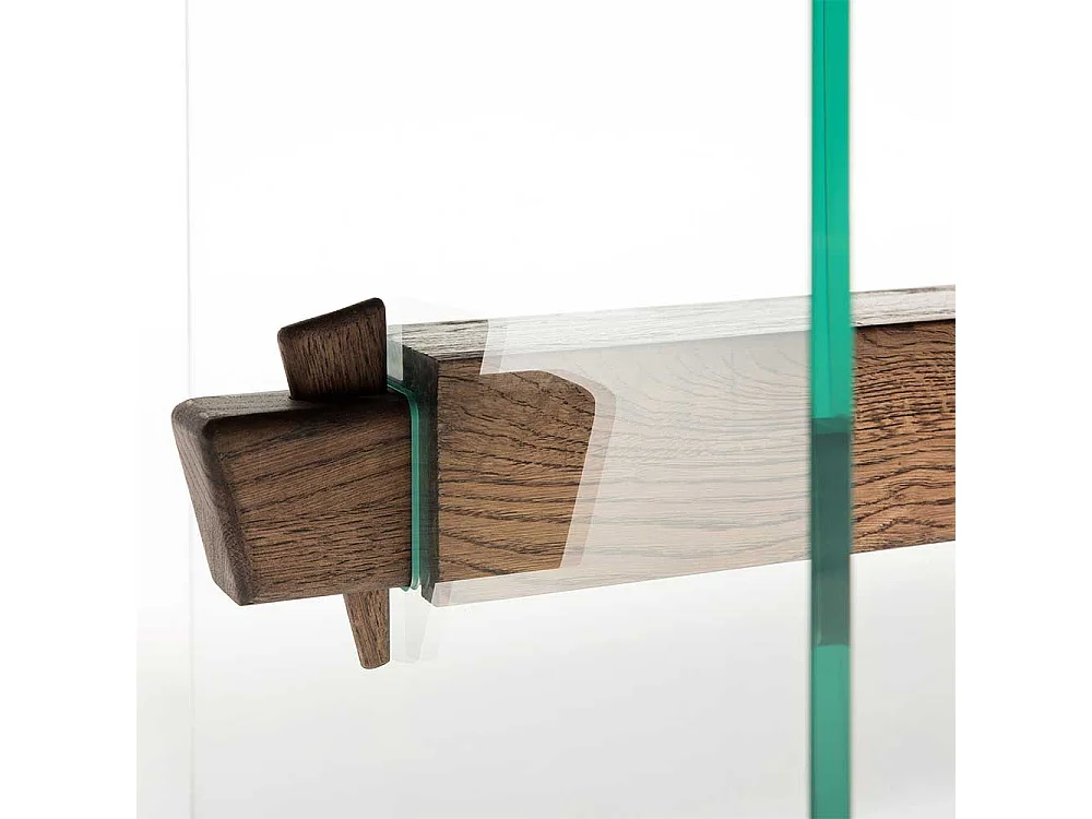 Designesstisch aus Asteiche Massivholz Glas Wangengestell