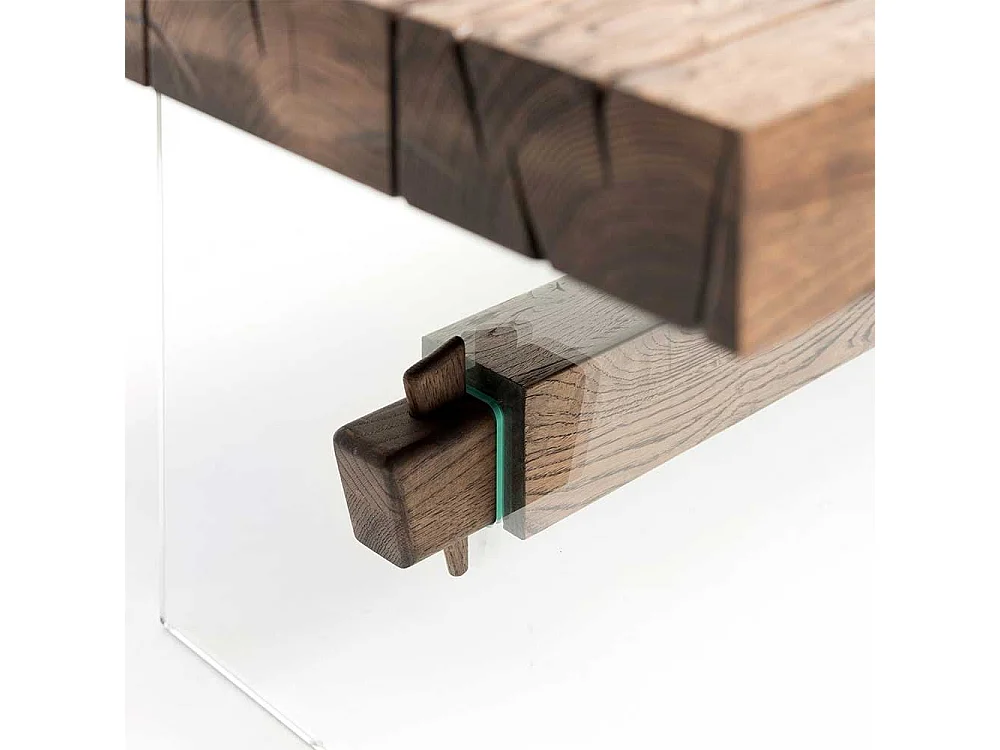 Designesstisch aus Asteiche Massivholz Glas Wangengestell