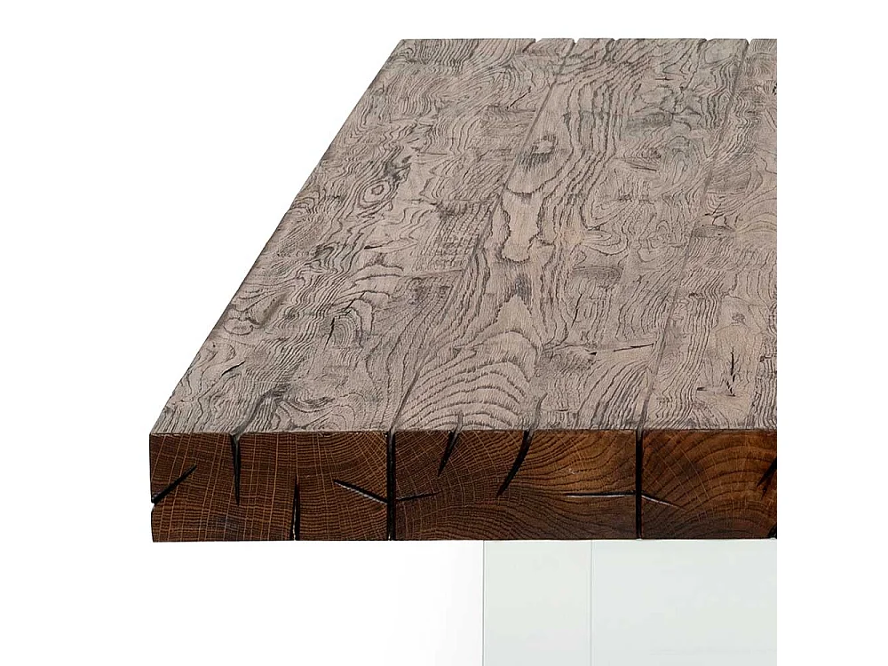 Designesstisch aus Asteiche Massivholz Glas Wangengestell