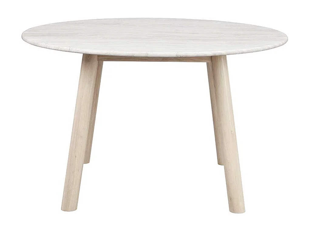 Runder Esstisch aus Eiche Massivholz White Wash Marmorplatte in Beige