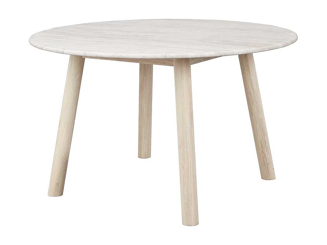 Runder Esstisch aus Eiche Massivholz White Wash Marmorplatte in Beige