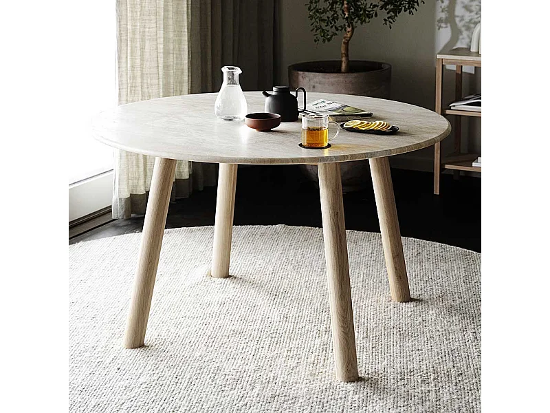 Runder Esstisch aus Eiche Massivholz White Wash Marmorplatte in Beige