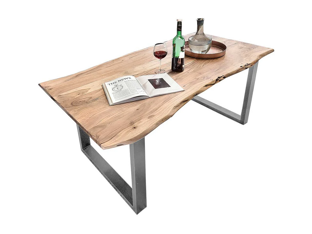 Baumkanten Esstisch aus Akazie Massivholz und Eisen Loft Design