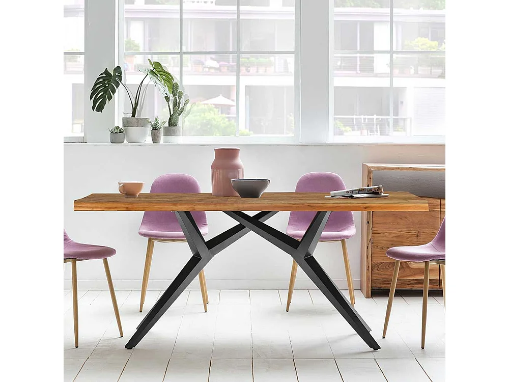 Massivholztisch in Teakfarben und Schwarz Einlegearbeit