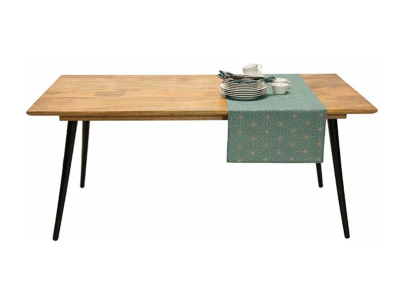 Esszimmer Tisch aus Mangobaum Massivholz und Metall Retro Design