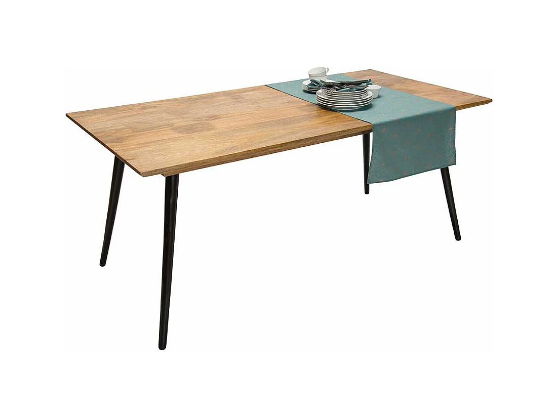 Esszimmer Tisch aus Mangobaum Massivholz und Metall Retro Design