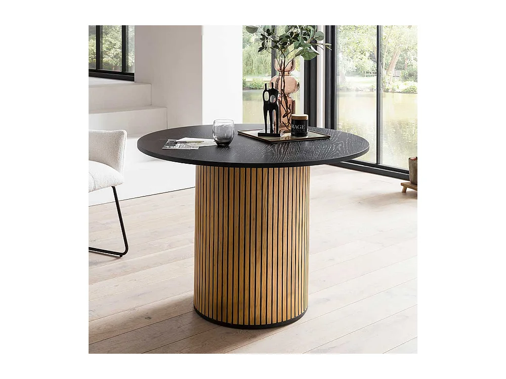 Runder Esstisch Skandi Stil furniert Eichefarben und Schwarz