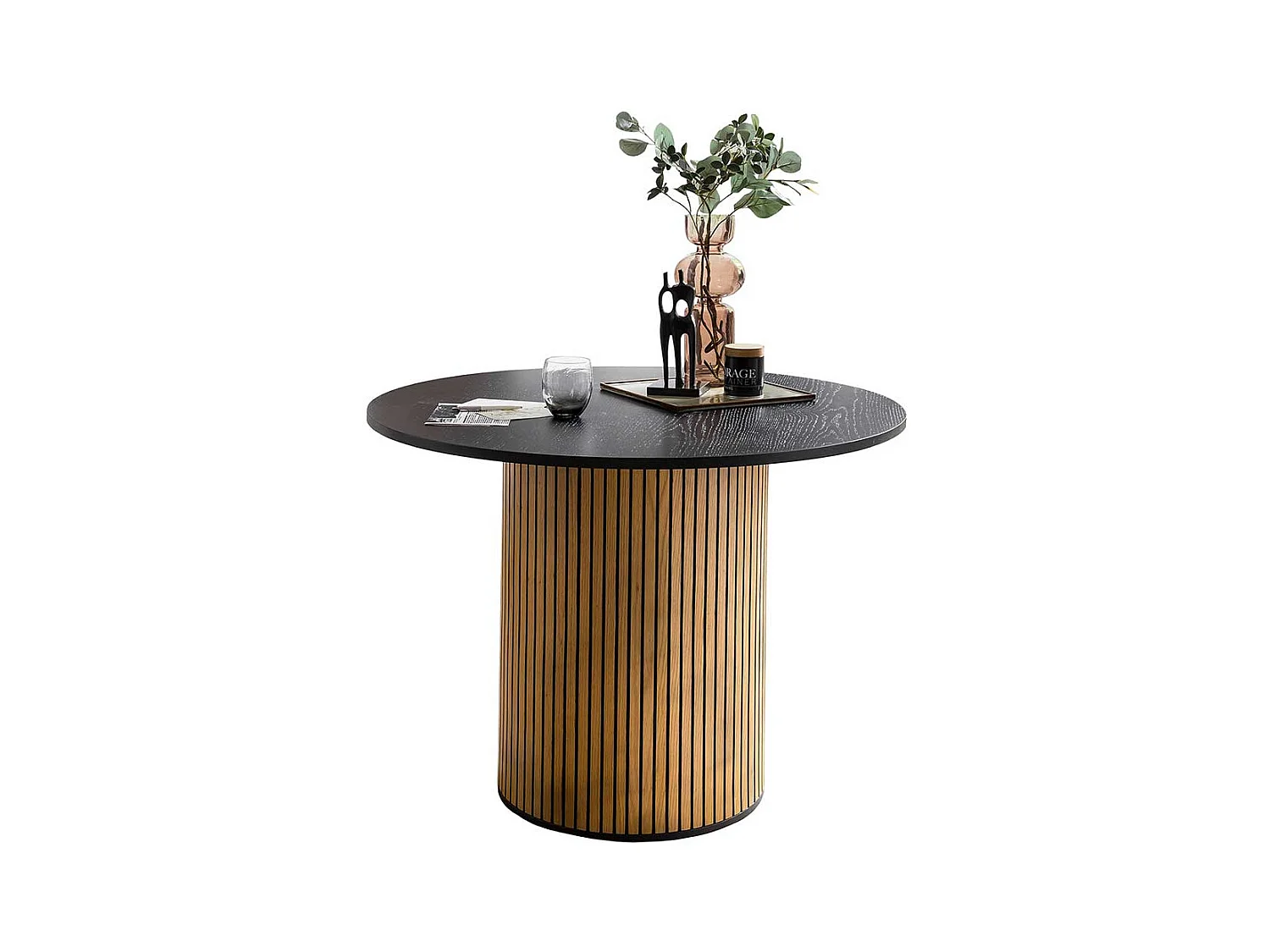 Runder Esstisch Skandi Stil furniert Eichefarben und Schwarz