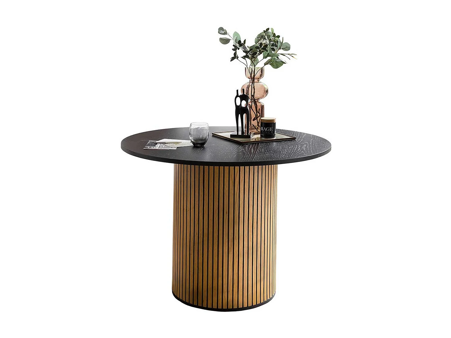 Runder Esstisch Skandi Stil furniert Eichefarben und Schwarz