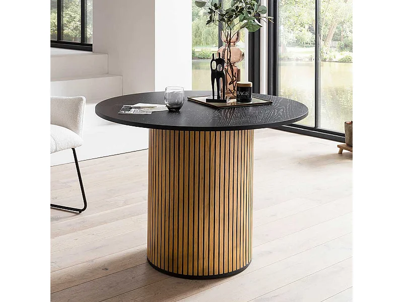 Runder Esstisch Skandi Stil furniert Eichefarben und Schwarz