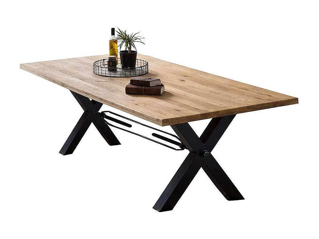 Esszimmer Tisch aus Wildeiche Massivholz Baumkante X Füßen