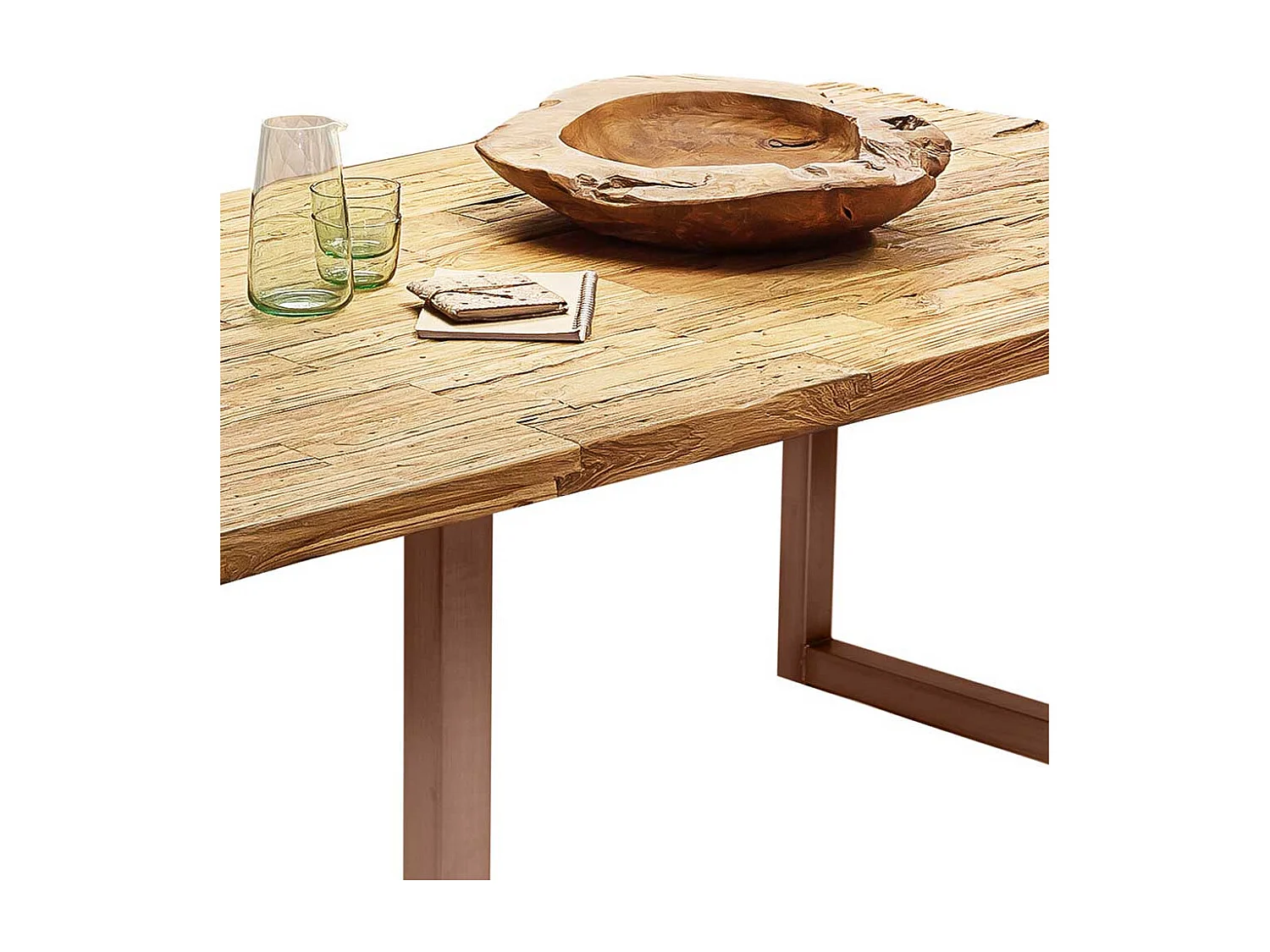 Designtisch aus Teak Recyclingholz Bügelgestell in Braun