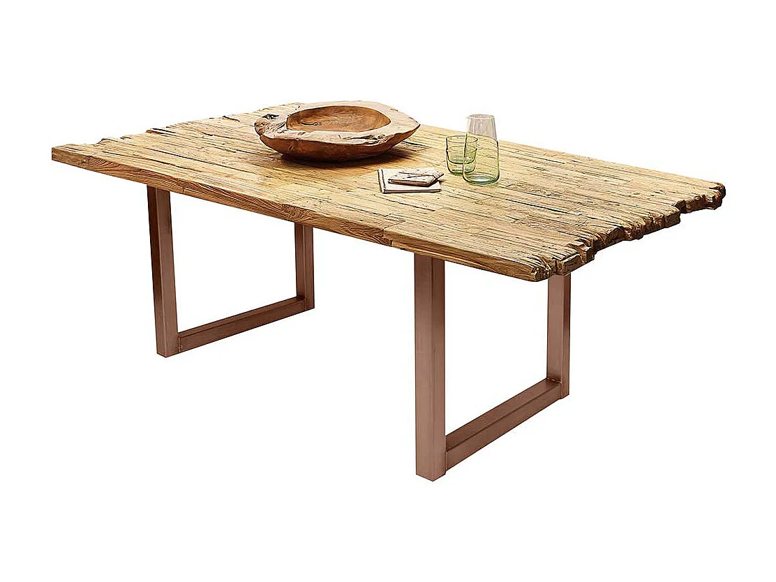 Designtisch aus Teak Recyclingholz Bügelgestell in Braun