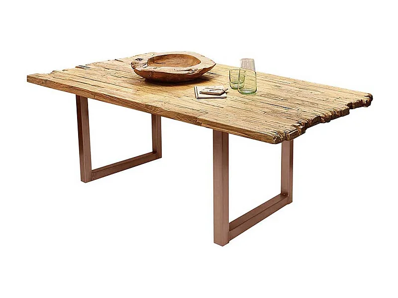 Designtisch aus Teak Recyclingholz Bügelgestell in Braun