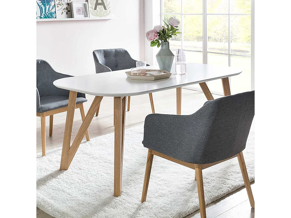 Ovaler Küchentisch in Weiß 4-Fußgestell aus Eiche Massivholz