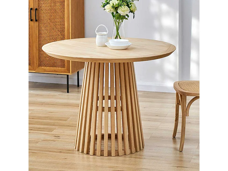 Skandi Esszimmer Tisch in Naturfarben runder Tischplatte