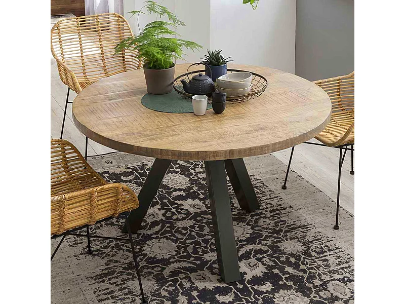 Runder Tisch aus Mangobaum Massivholz und Stahl Loft Design