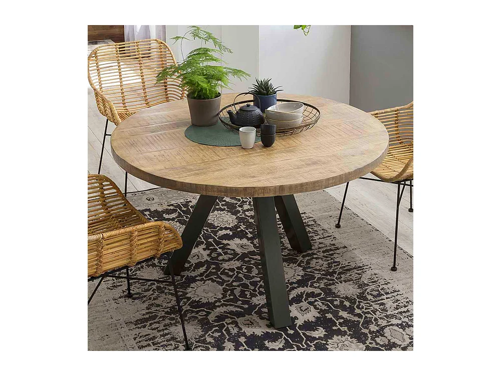 Runder Tisch aus Mangobaum Massivholz und Stahl Loft Design