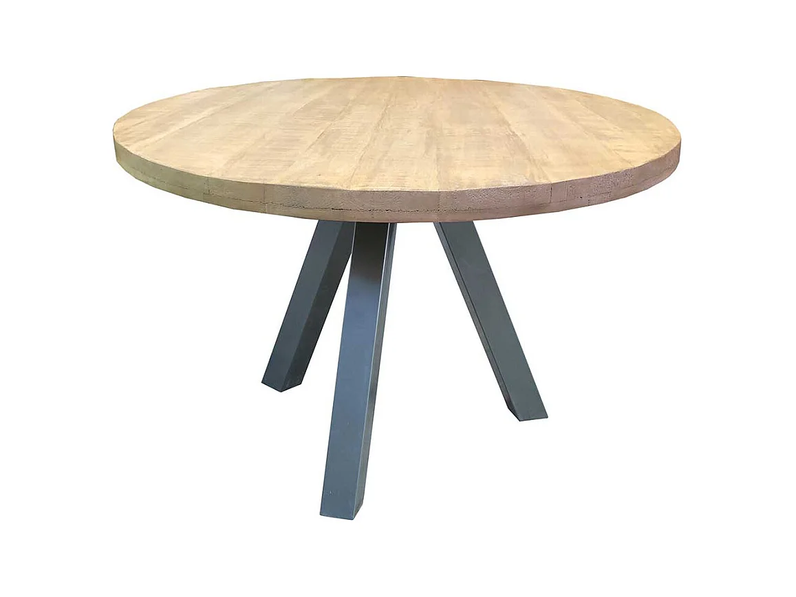 Runder Tisch aus Mangobaum Massivholz und Stahl Loft Design