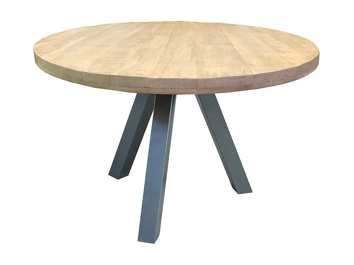 Runder Tisch aus Mangobaum Massivholz und Stahl Loft Design