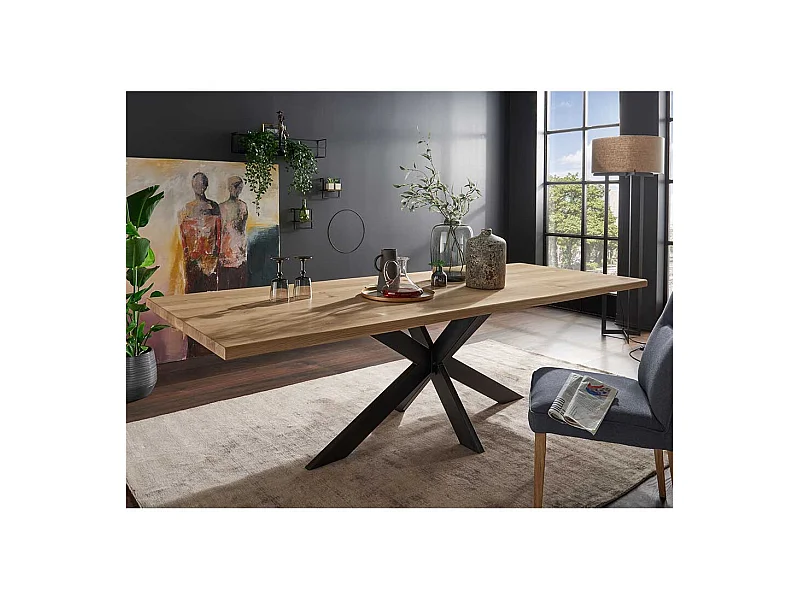 Esstisch aus Wildeiche Massivholz und Stahl Spider Gestell