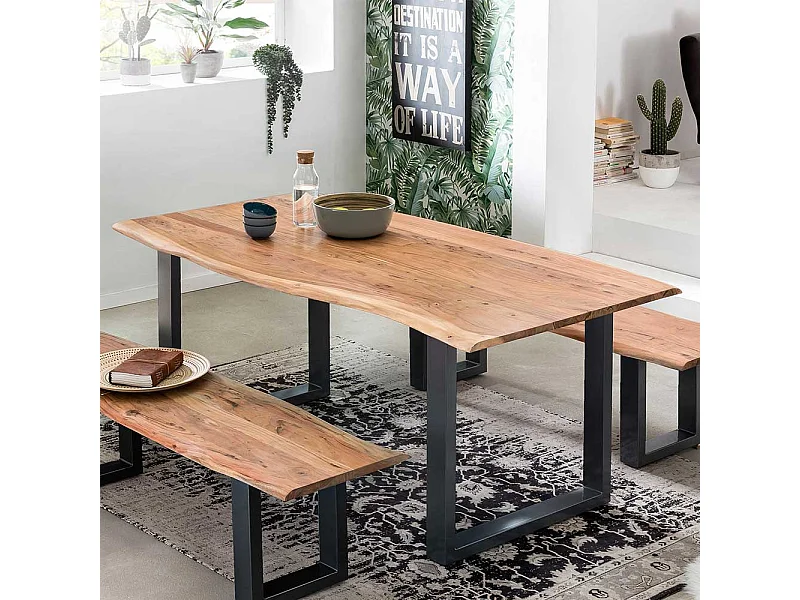 Baumkanten Esstisch aus Akazie Massivholz und Stahl 160 cm breit
