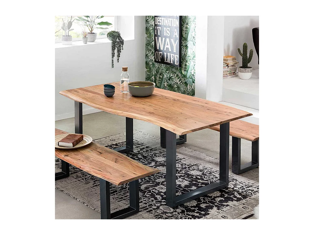 Baumkanten Esstisch aus Akazie Massivholz und Stahl 160 cm breit