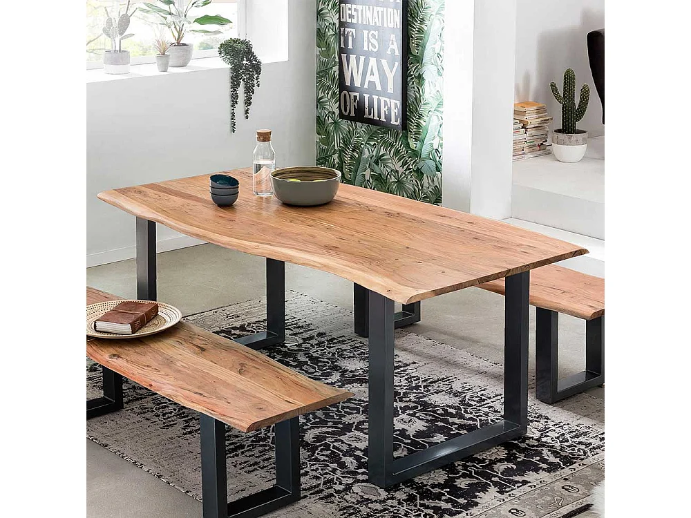 Baumkanten Esstisch aus Akazie Massivholz und Stahl 160 cm breit