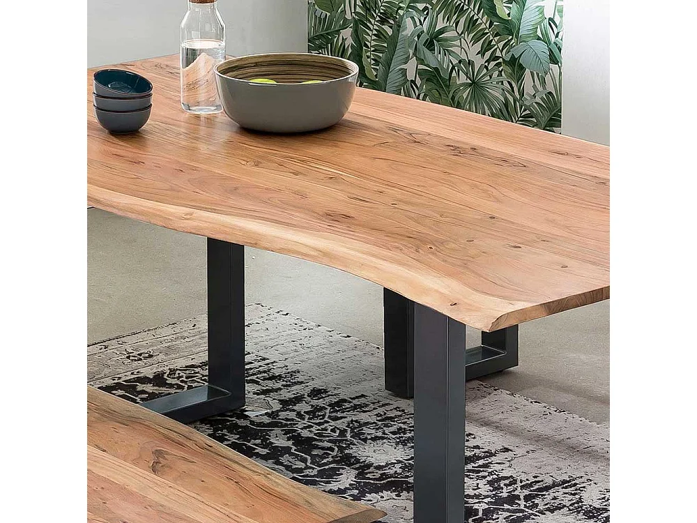 Baumkanten Esstisch aus Akazie Massivholz und Stahl 160 cm breit