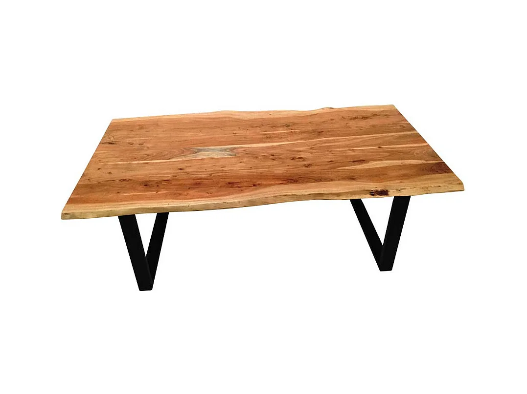 Baumkanten Küchentisch aus Akazie Massivholz Bügelgestell