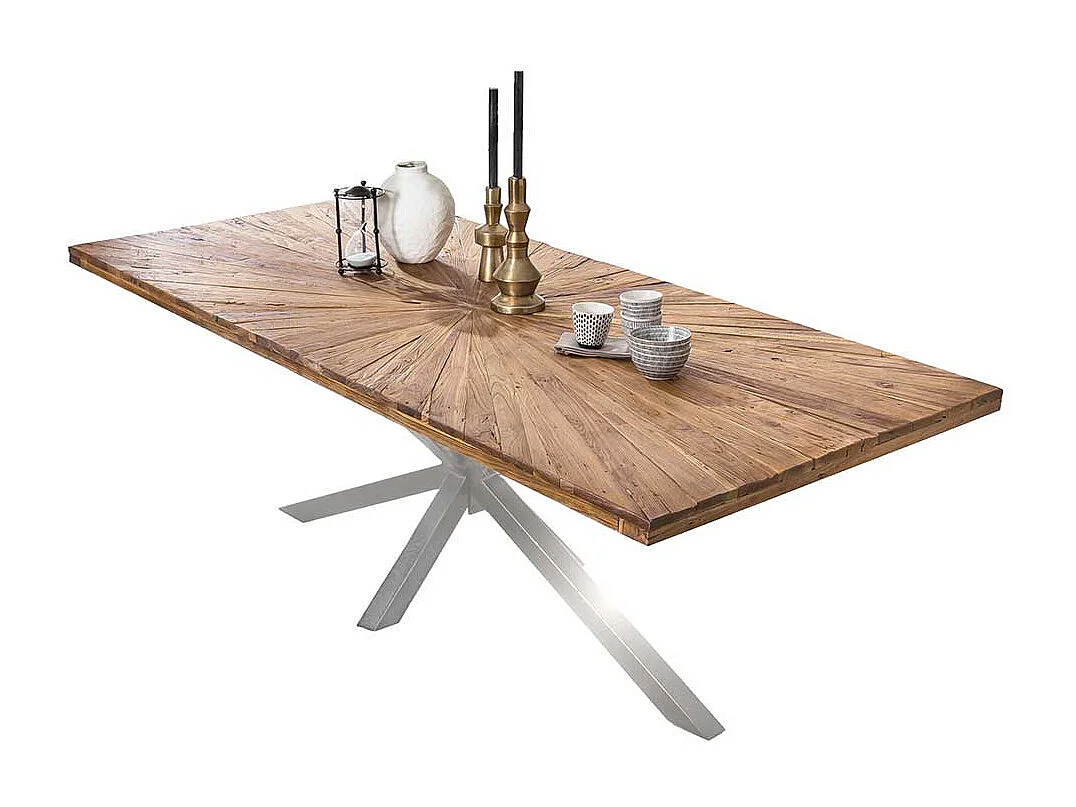 Küchentisch aus Teak Massivholz Eisen in Altsilberfarben