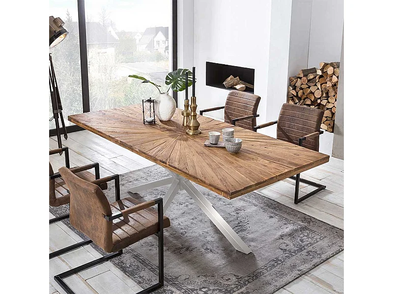 Küchentisch aus Teak Massivholz Eisen in Altsilberfarben