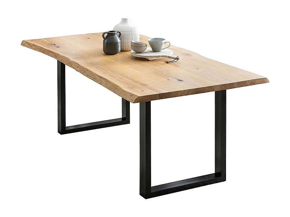 Baumkanten Küchentisch aus Eiche Massivholz Bügelgestell aus Metall