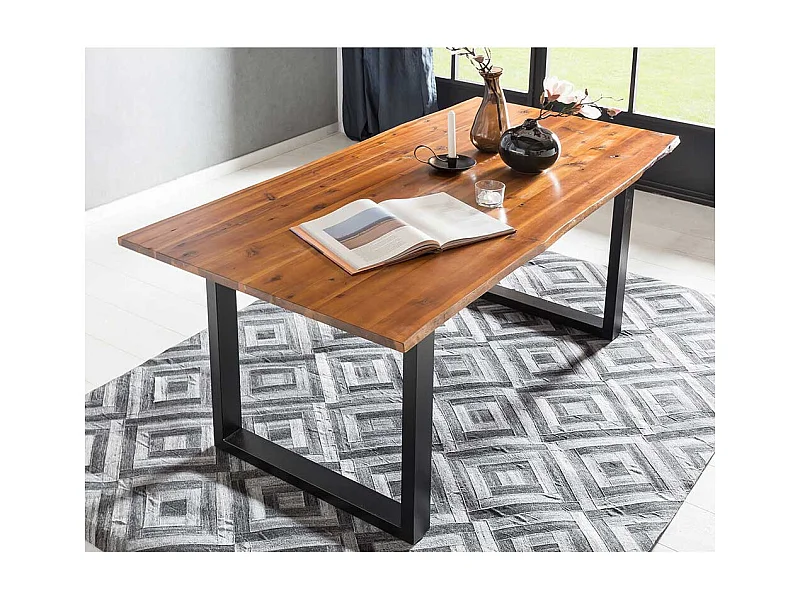 120 cm Baumkanten Tisch in Cognac Braun lackiert Akazie Massivholz und Metall