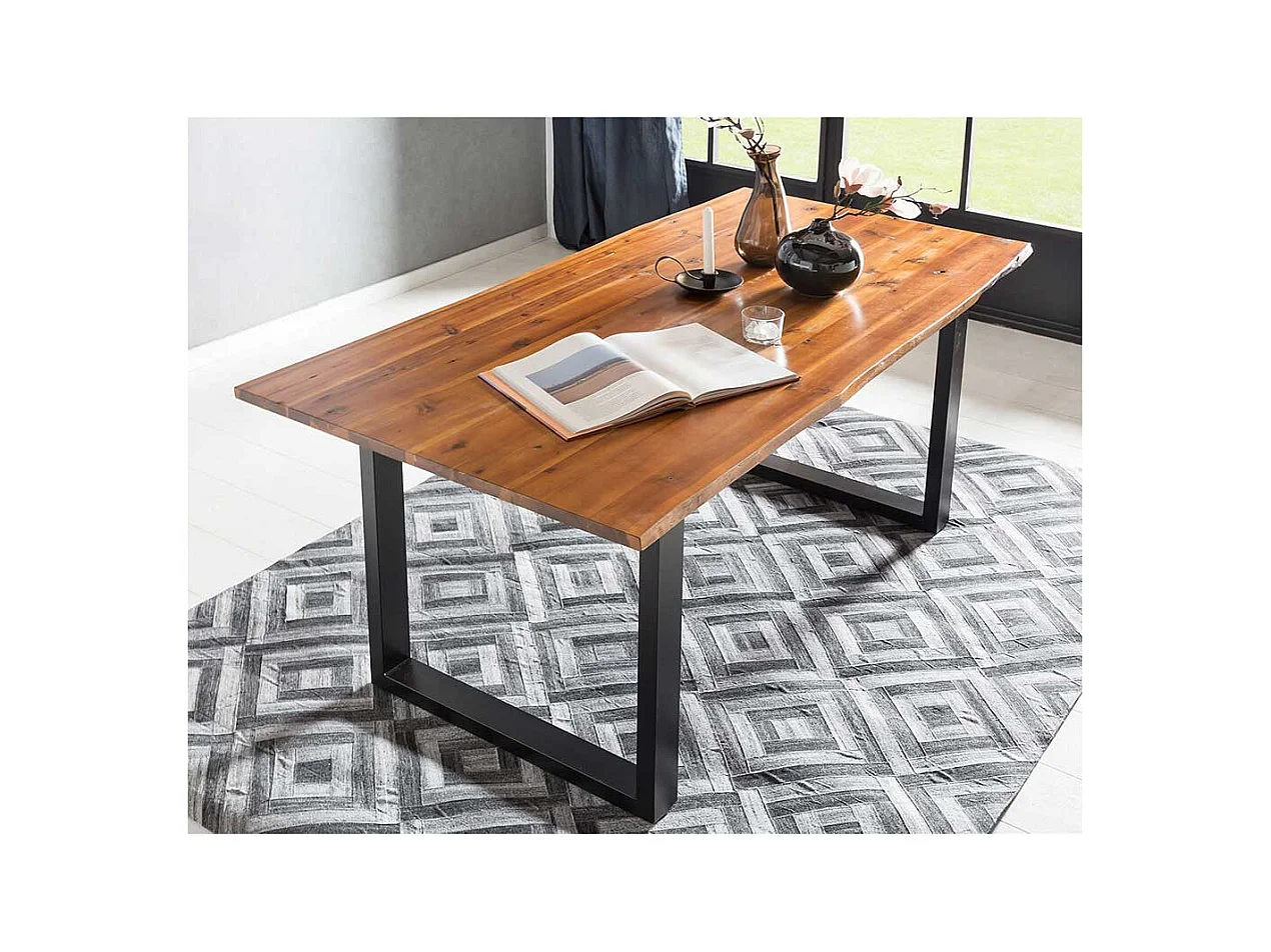 120 cm Baumkanten Tisch in Cognac Braun lackiert Akazie Massivholz und Metall