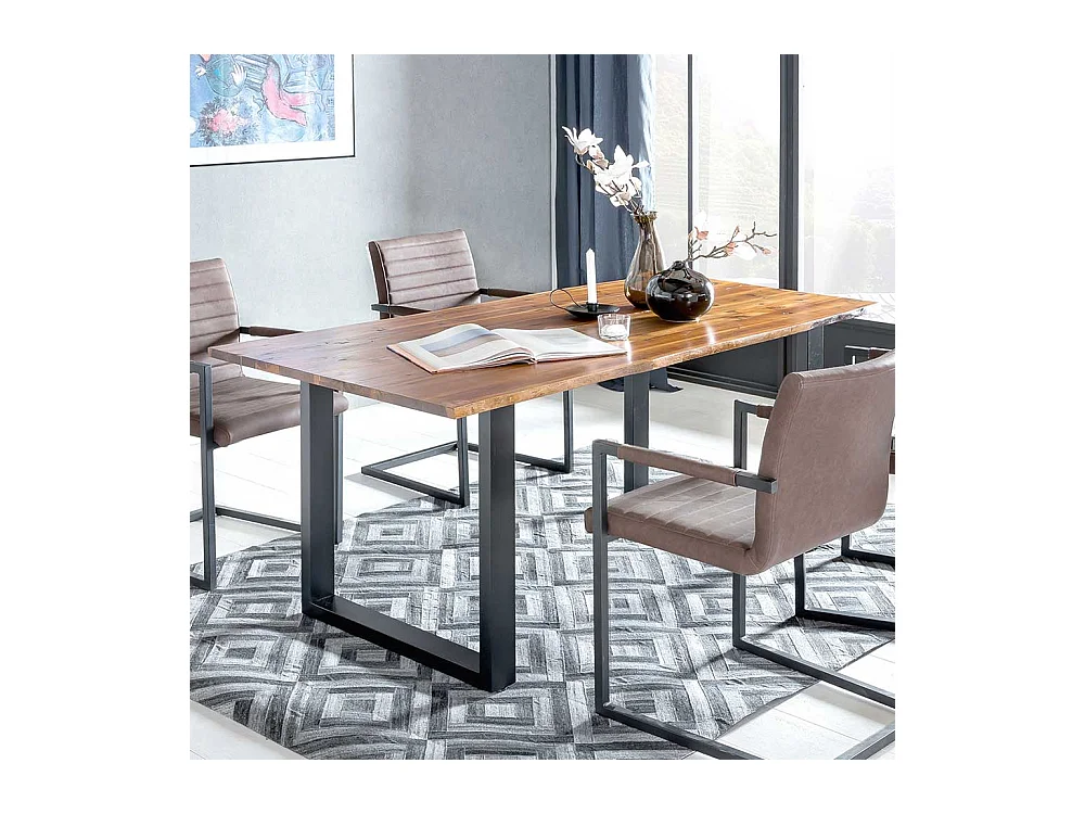 120 cm Baumkanten Tisch in Cognac Braun lackiert Akazie Massivholz und Metall