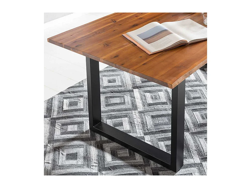 120 cm Baumkanten Tisch in Cognac Braun lackiert Akazie Massivholz und Metall