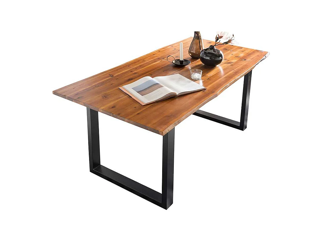 120 cm Baumkanten Tisch in Cognac Braun lackiert Akazie Massivholz und Metall