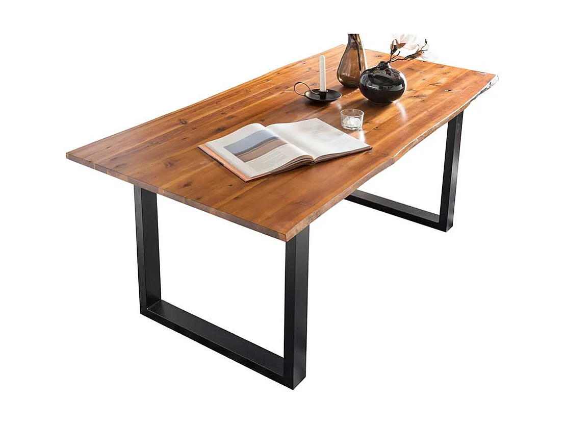 120 cm Baumkanten Tisch in Cognac Braun lackiert Akazie Massivholz und Metall