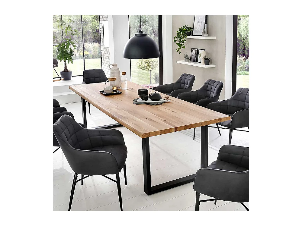 Baumkantentisch Industriestil aus Eiche Massivholz Bügelgestell