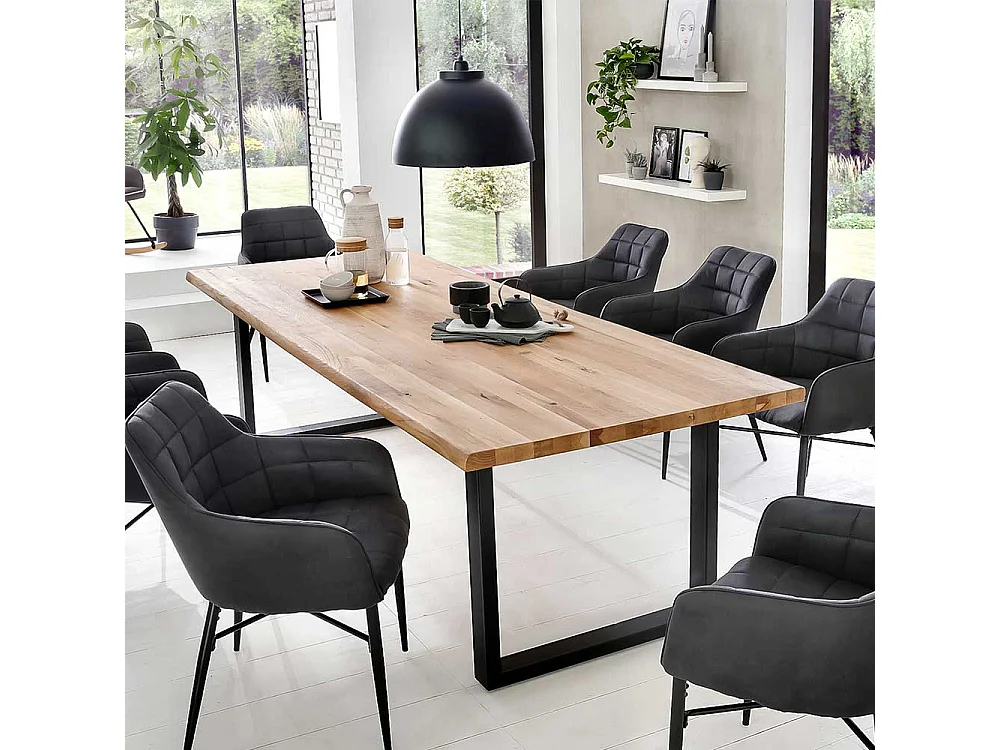 Baumkantentisch Industriestil aus Eiche Massivholz Bügelgestell